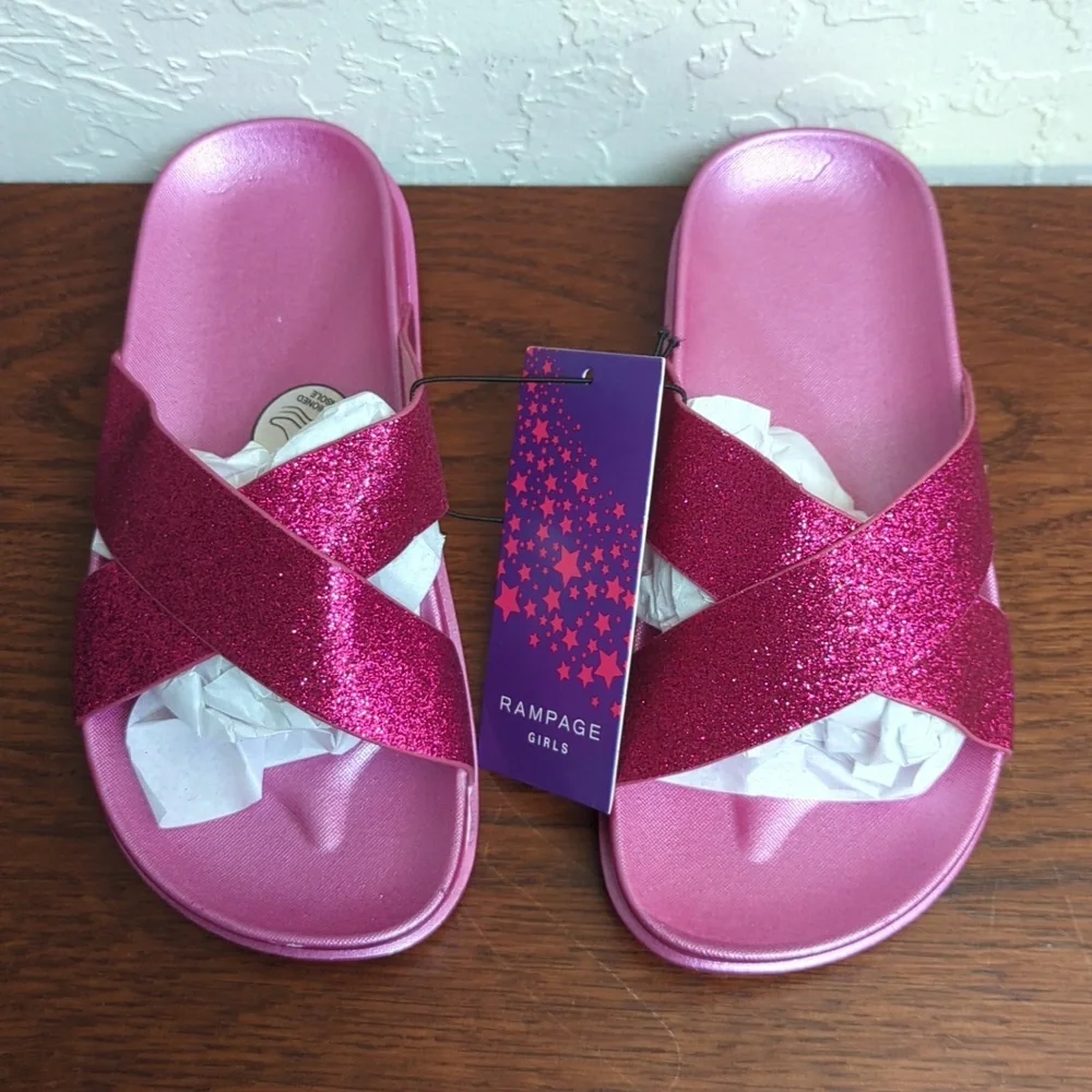 Rampage Fuschia Glitter Criss Cross Flat Slide Sandals Size 13/1